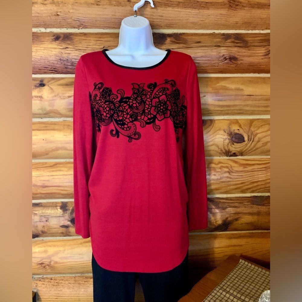 Worthington Red Tunic Sweater with Velvet Lace Detail Size Small